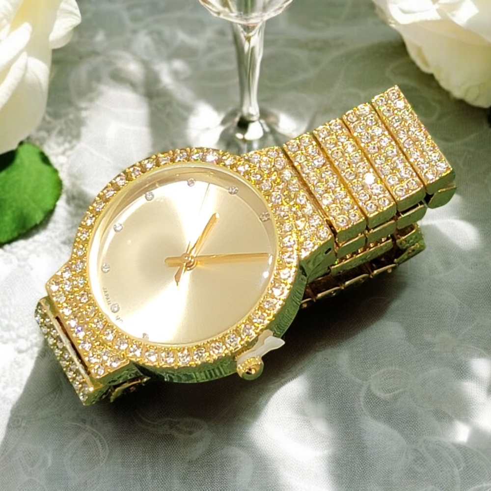 QRTZ brand All Gold color watch w/ clear CZ iced stones